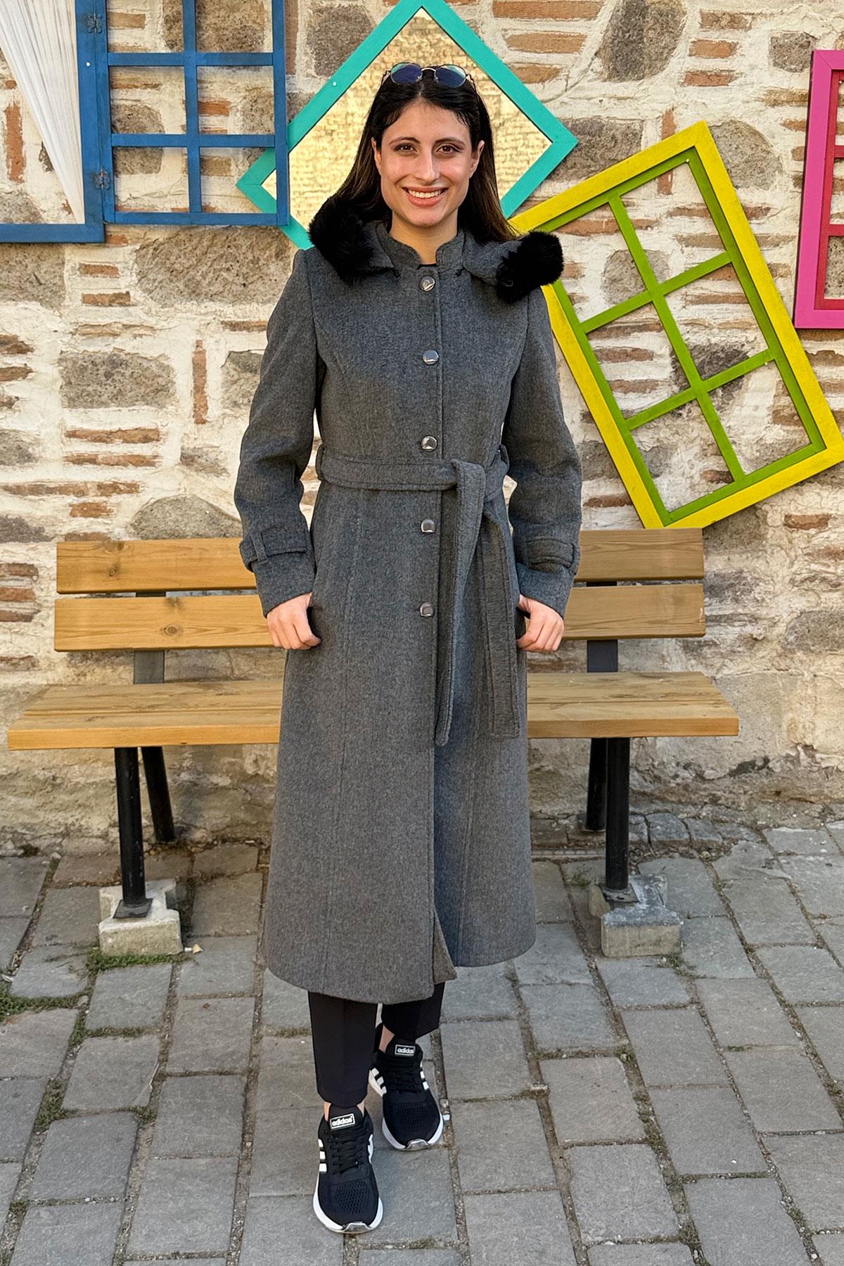 Kapüşonu Kürklü Bağlamalı Kasha Kaban - GRİ