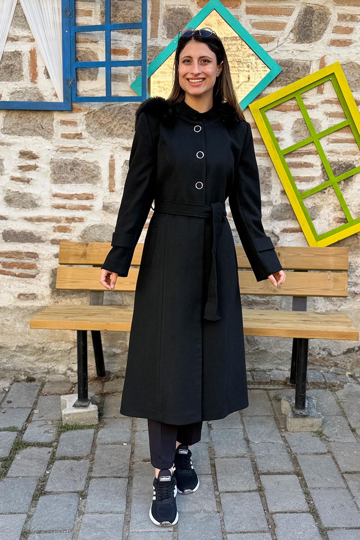 Kol Manşetli Bağlamalı Kaşe Kaban - SİYAH