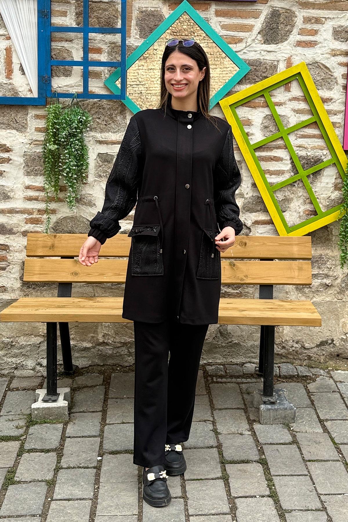 Kolları Jakarlı İşleme Cepli Ceket Pantolon Takım - SİYAH