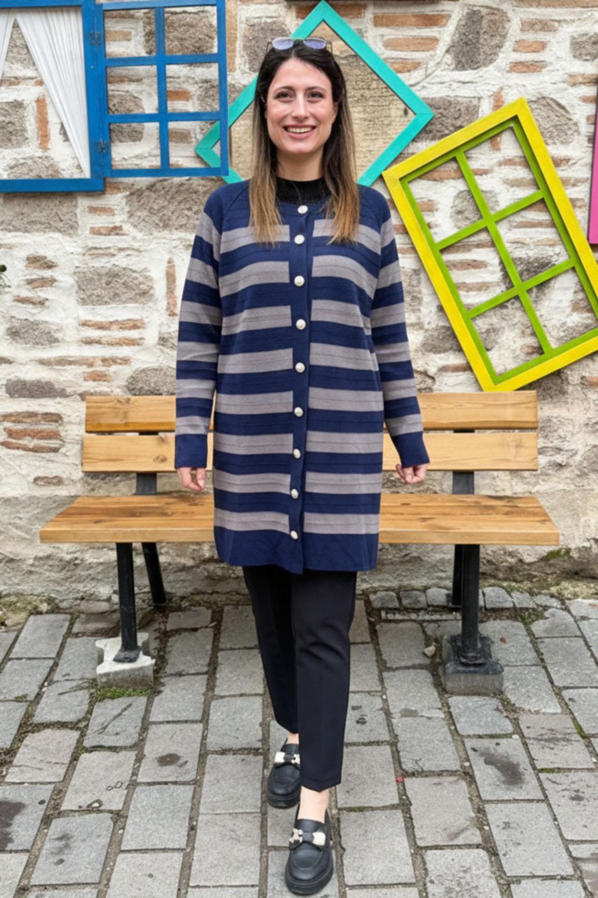 Lacivert Çizgili Uzun Triko Hırka - LACİVERT