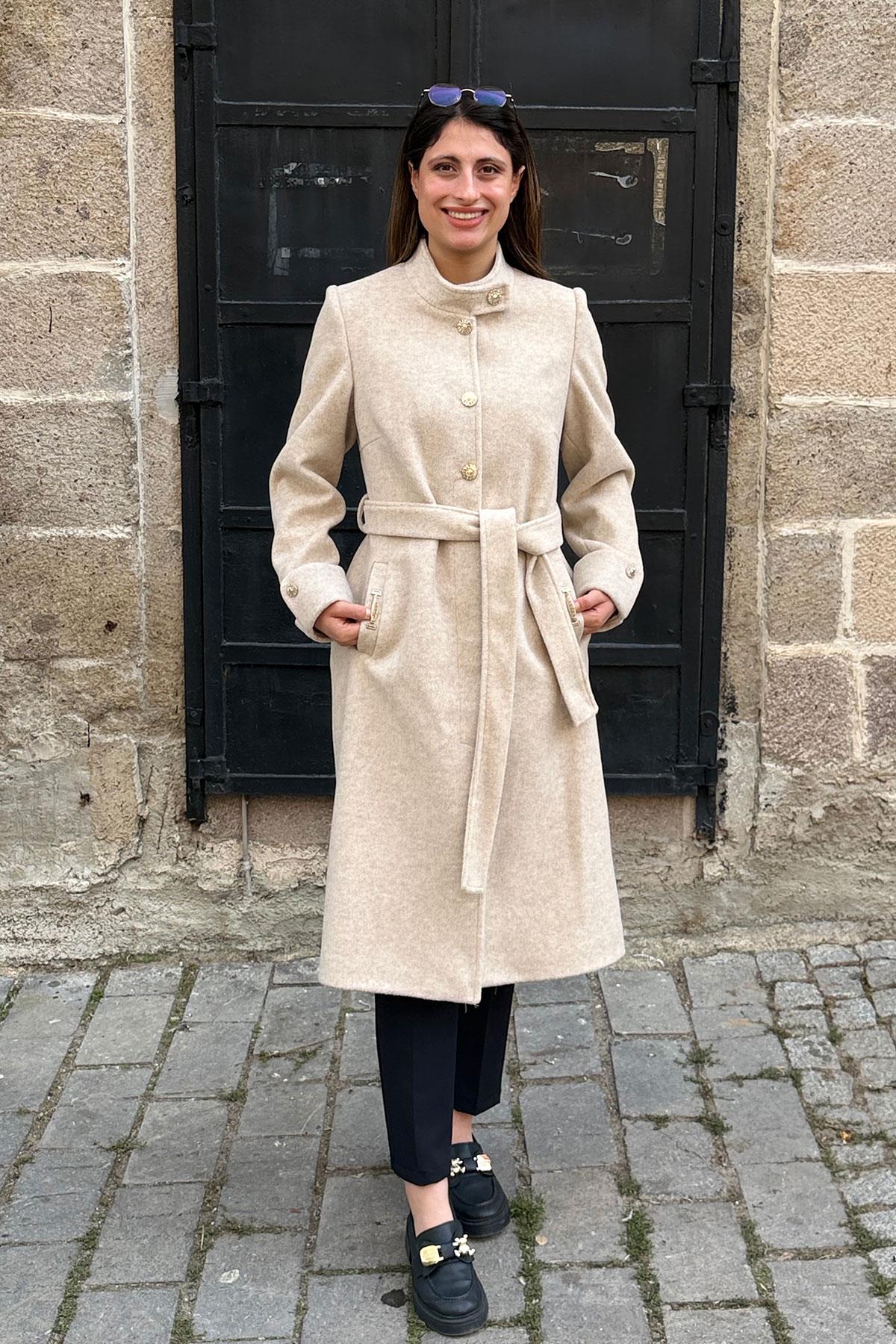 Manşet Düğmeli Kaşe Kaban - BEJ