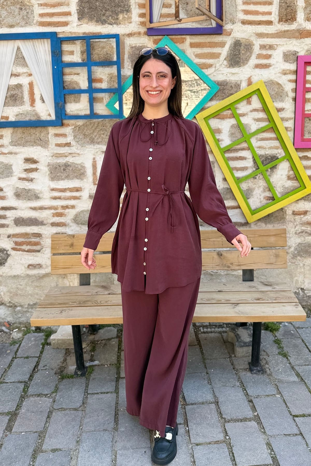 Önden Düğmeli Kemerli İkili Takım - MÜRDÜM
