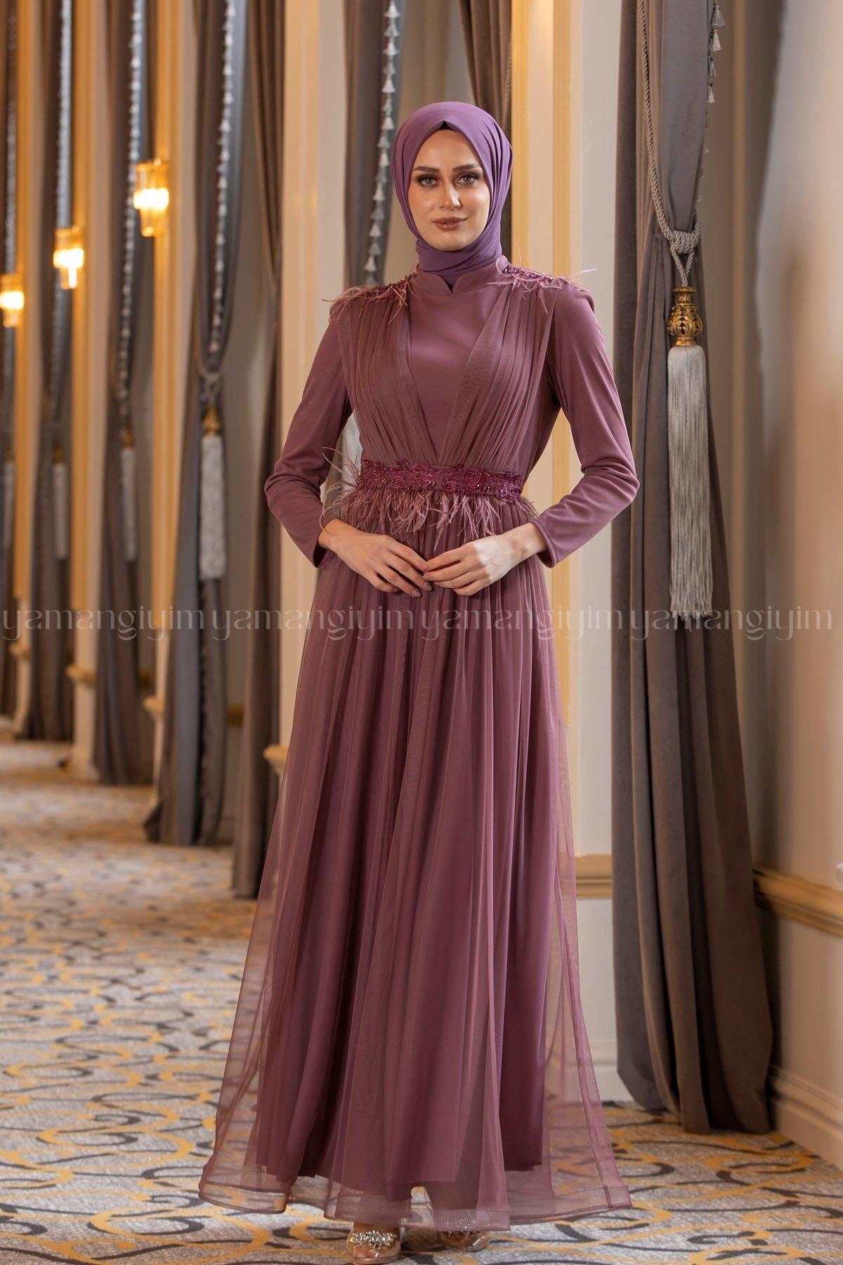 Hydrangea Hijab Evening Dress - DARK ROSE
