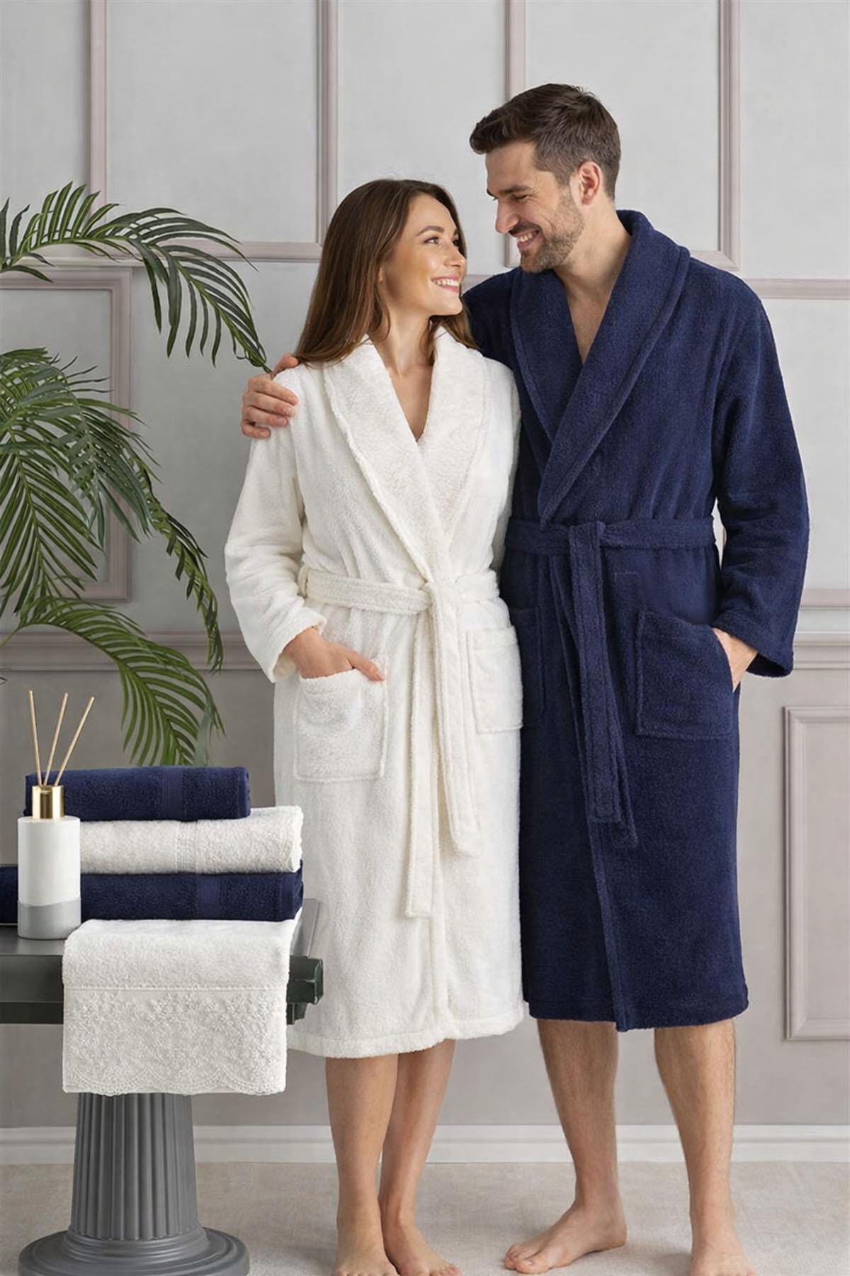 Özdilek Branch Aile Bornoz Seti Krem-Lacivert