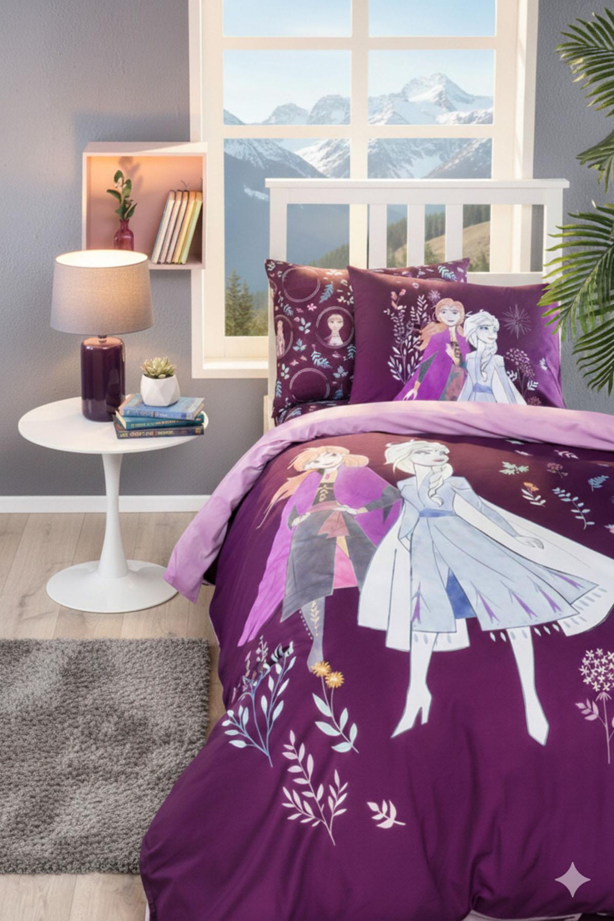 Özdilek Frozen Natural Disney Lisanslı Lastikli Fitted Çarşaf Çocuk Nevresim Takımı Tek Kişilik - LİLA