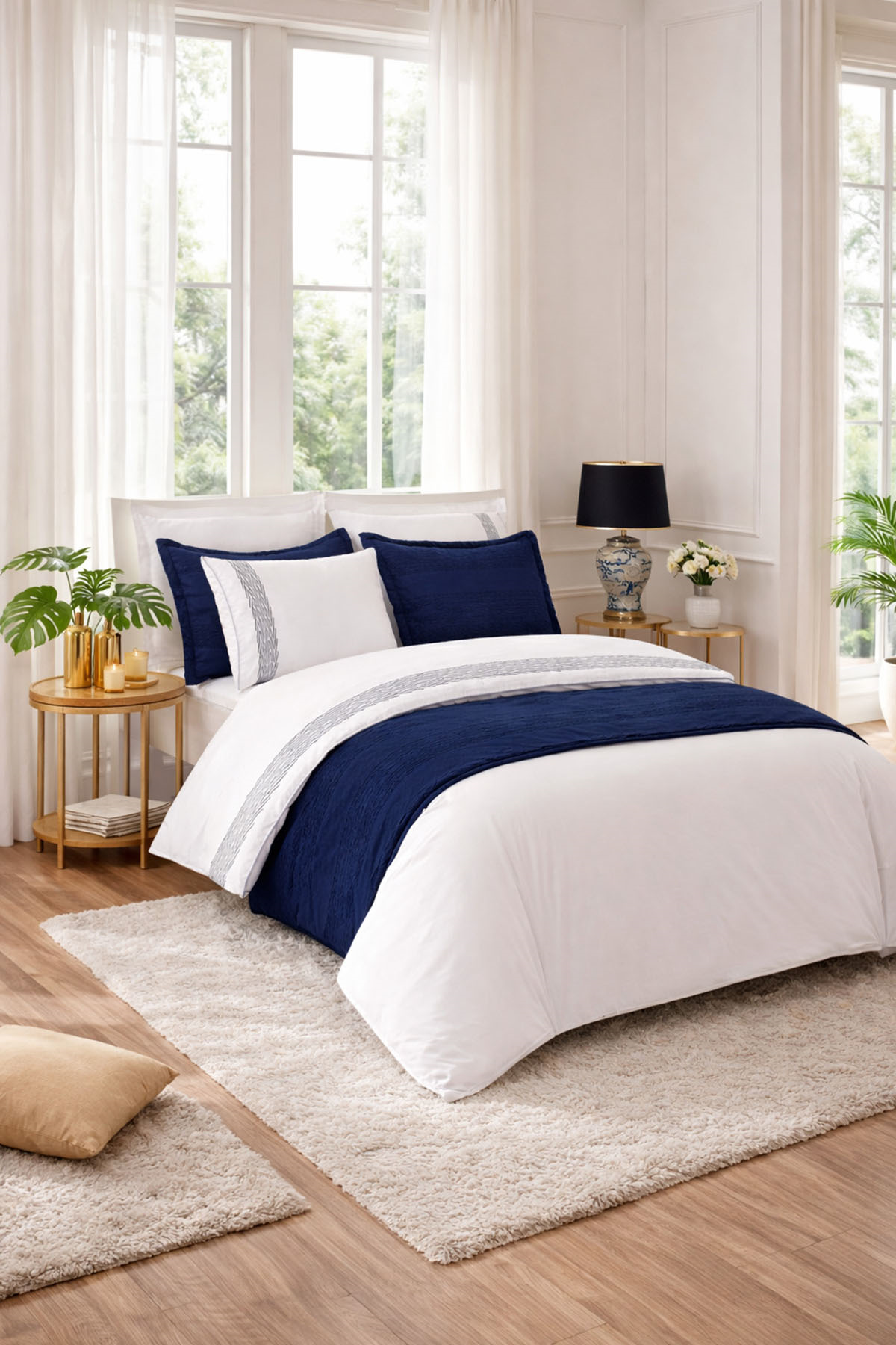 Özdilek Runnerlı Çift Kişilik Nakışlı Velvet Pikeli Gelin Seti - LACİVERT