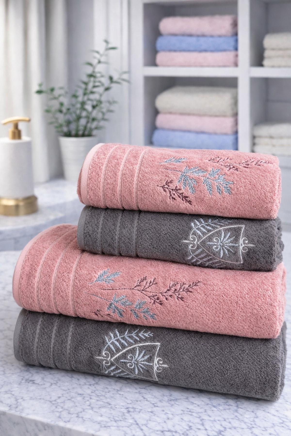 Özdilek Soft Leaf Best Set (Hamam Takımı) Pembe-Antrasit