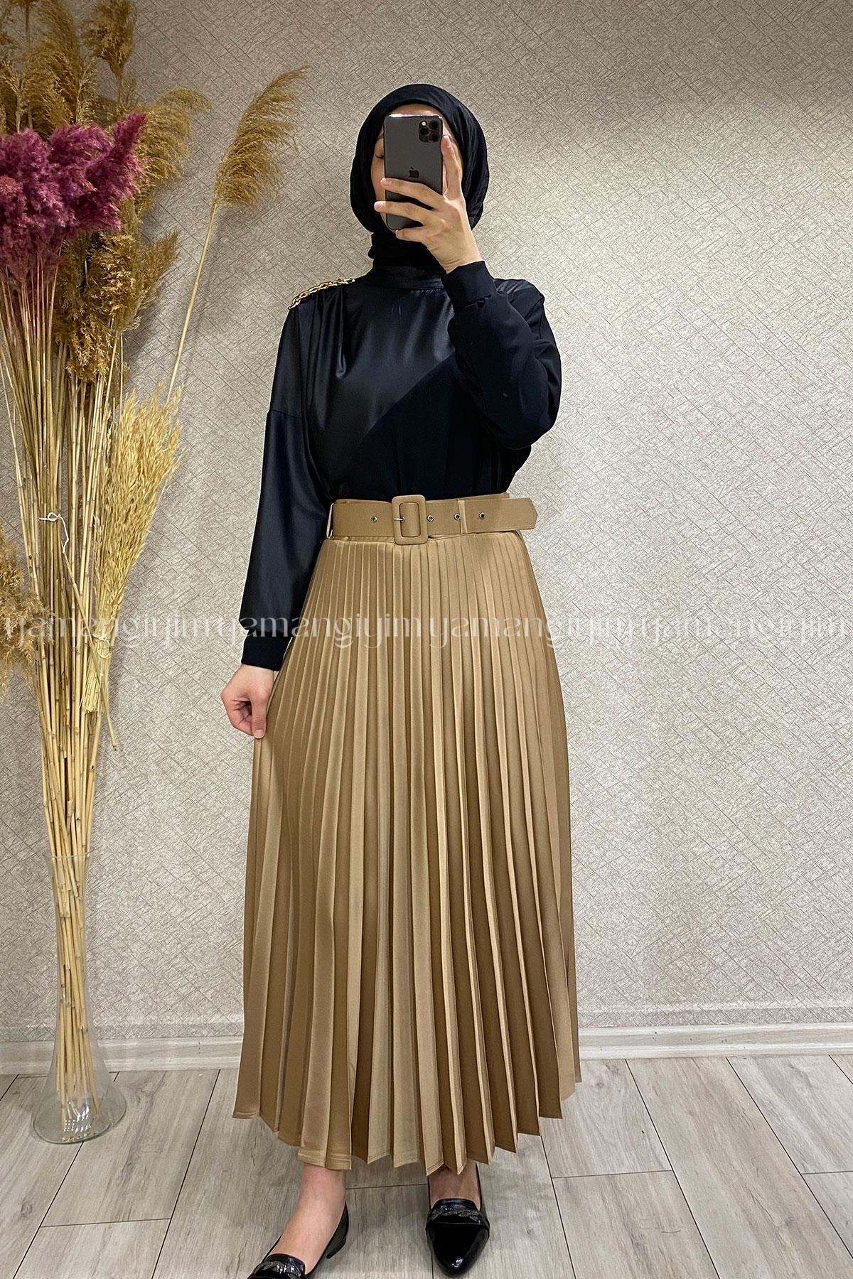 PLİSELİ SATEN ETEK - Camel