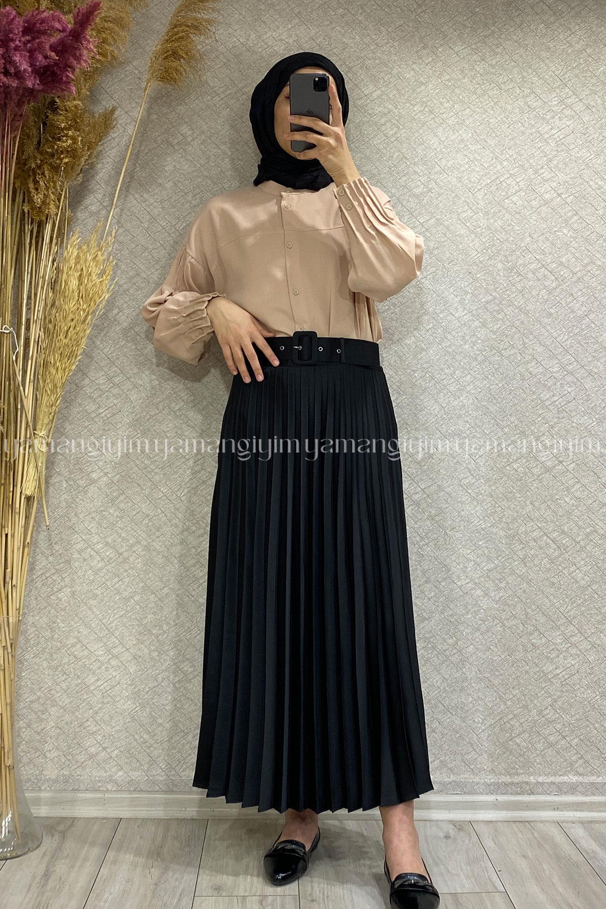 PLİSELİ SATEN ETEK - Siyah