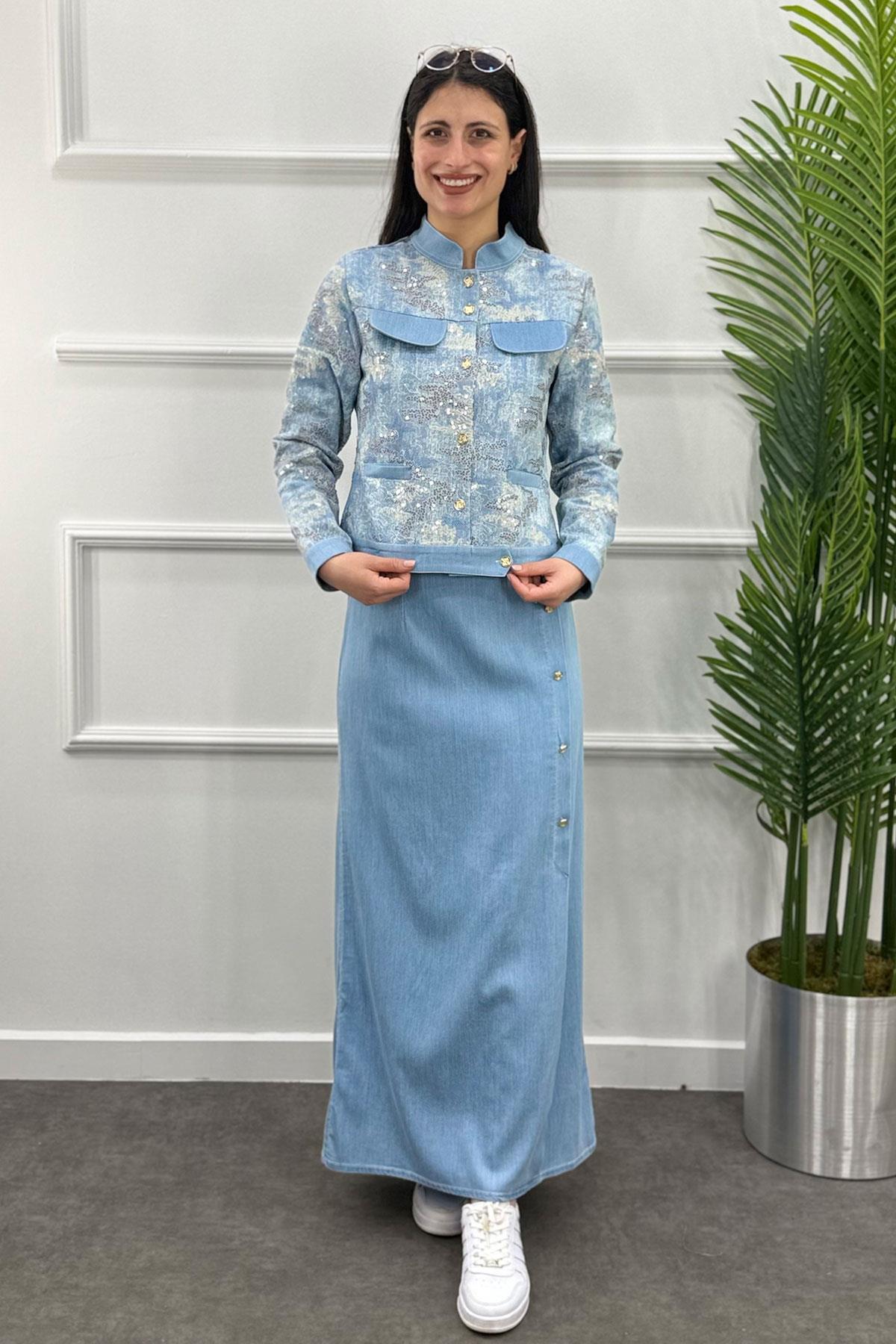 Pul Payet Ceketli Etekli Tensel Takım - Buzmavi