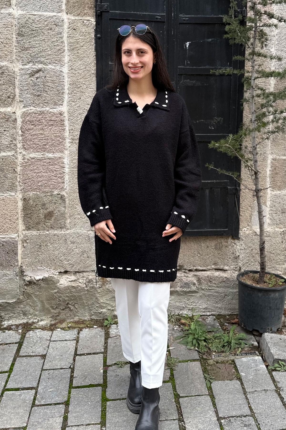 Şardonlu Elişili Gömlek Yaka Tunik - SİYAH