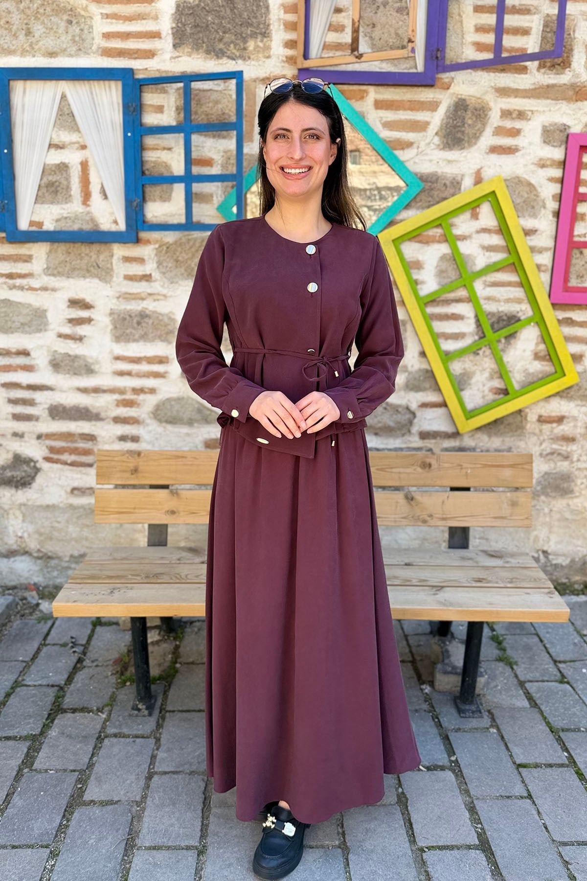 Şık Düğme Detaylı Belden Bağlamalı Takım - MÜRDÜM