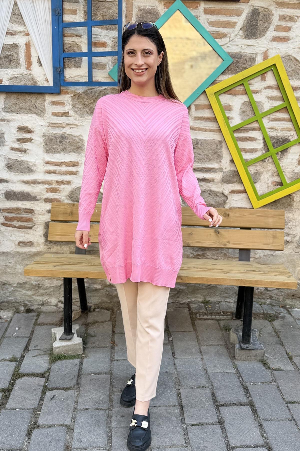V Desenli Oversize Triko Tunik - Pembe