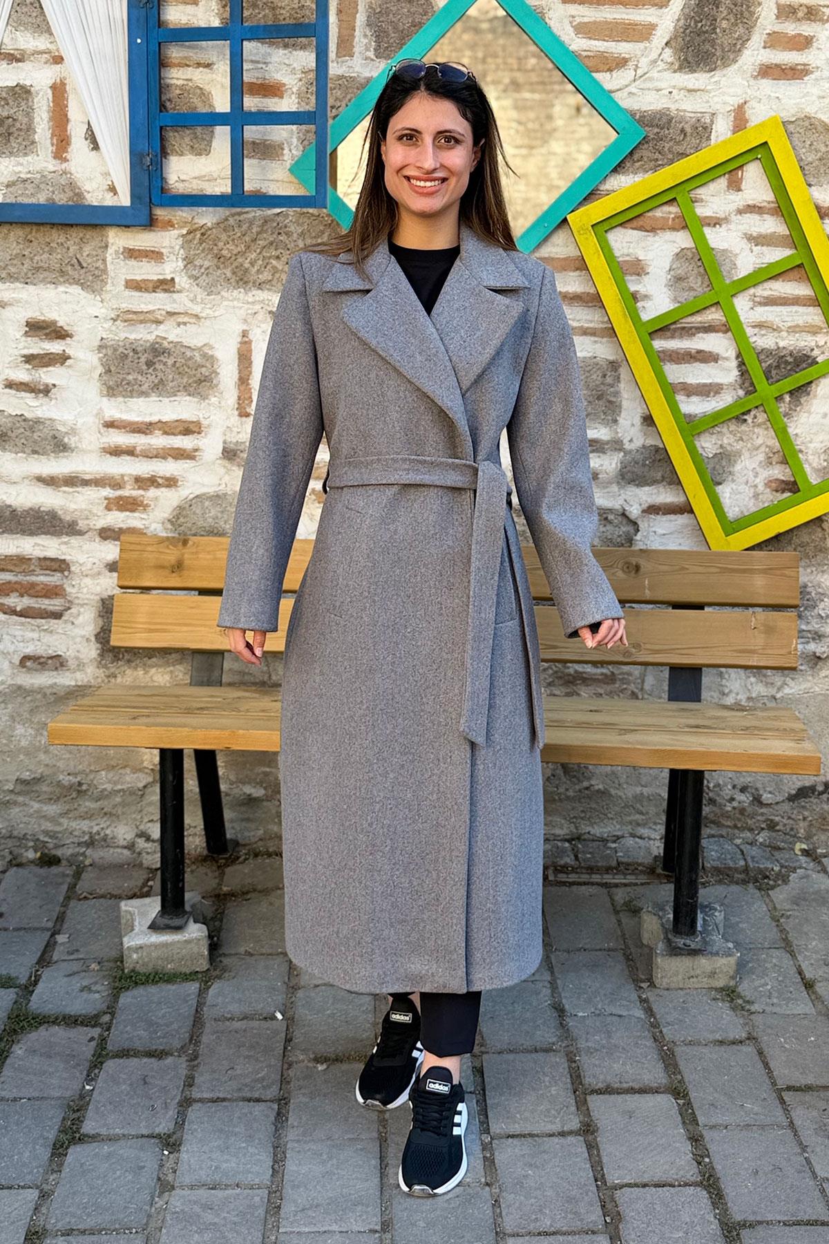 Yandan Bağlamalı Kruvaze Kaşe Kaban - GRİ