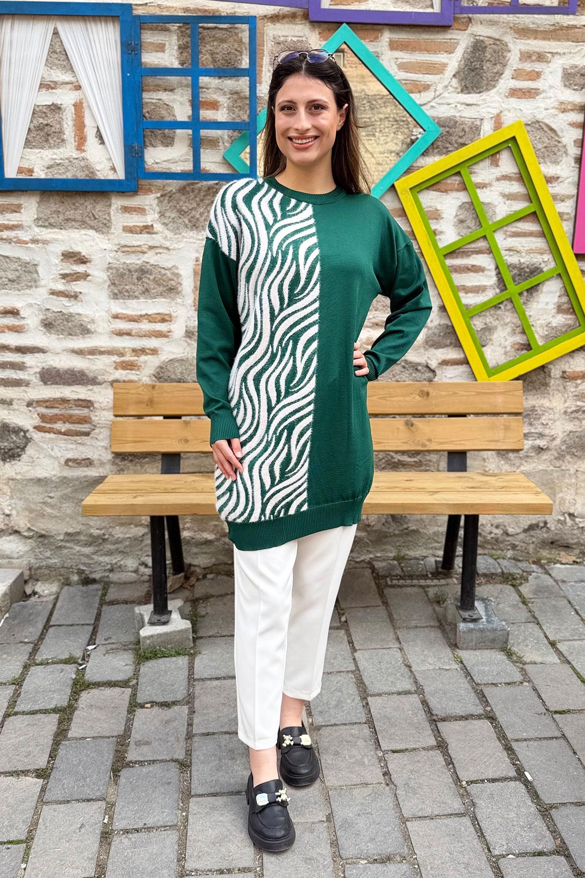 Zebra Desenli Garnili Triko Tunik - ZÜMRÜT