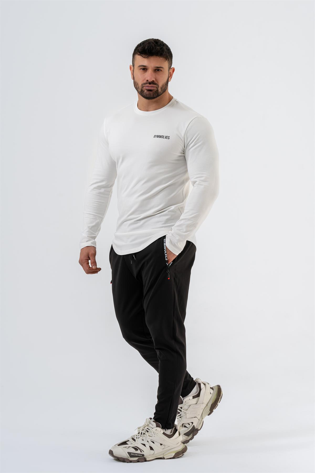 Gymwolves Erkek Spor Body | Beyaz | Uzun Kollu Spor T-Shirt | Basic Serisi