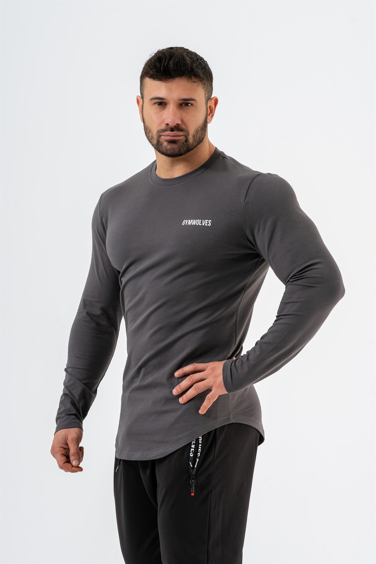 Gymwolves Erkek Spor Body | Füme | Uzun Kollu Spor T-Shirt | Basic Serisi