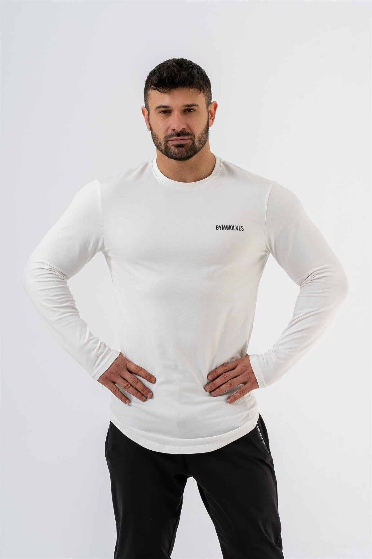 Gymwolves Erkek Spor Body | Beyaz | Uzun Kollu Spor T-Shirt | Basic Serisi