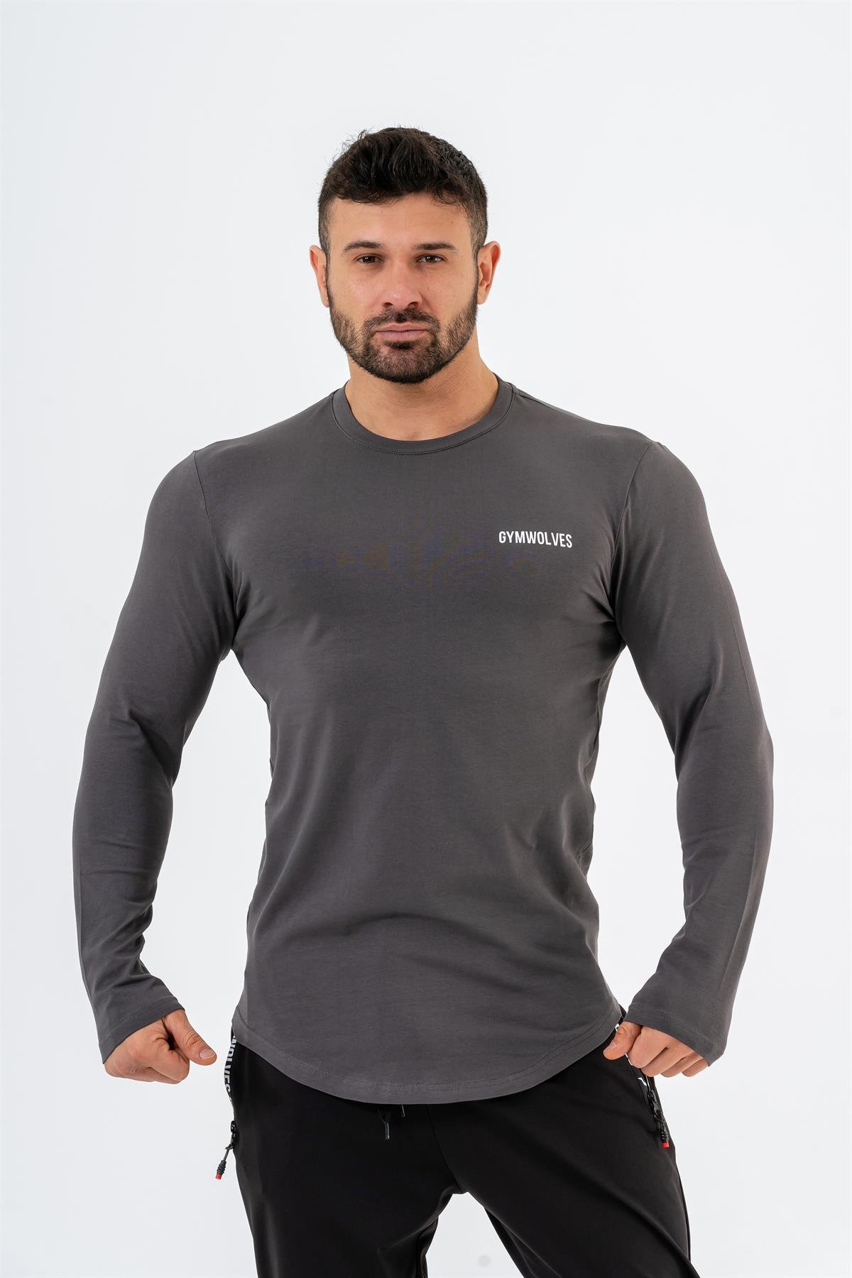 Gymwolves Erkek Spor Body | Füme | Uzun Kollu Spor T-Shirt | Basic Serisi
