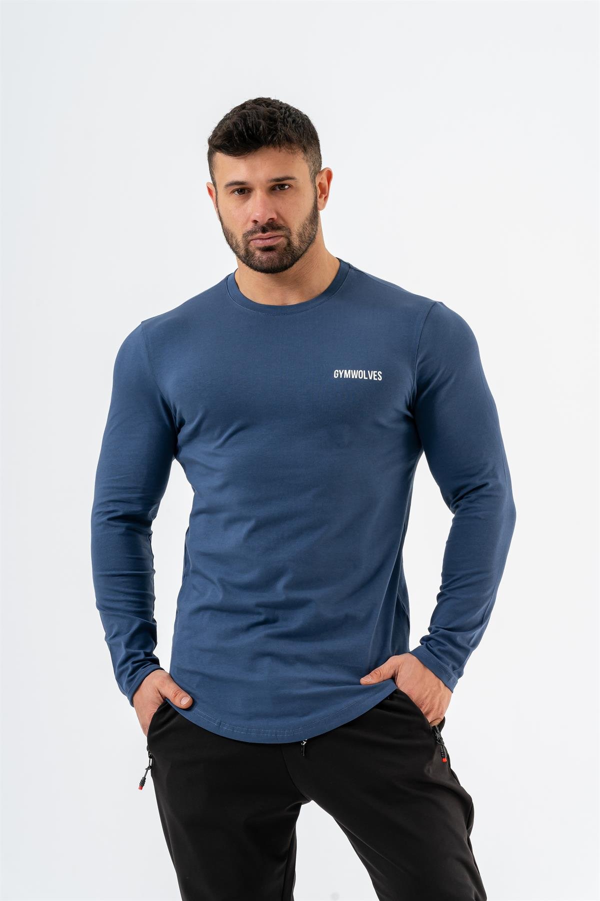 Gymwolves Erkek Spor Body | İndigo | Uzun Kollu Spor T-Shirt | Basic Serisi