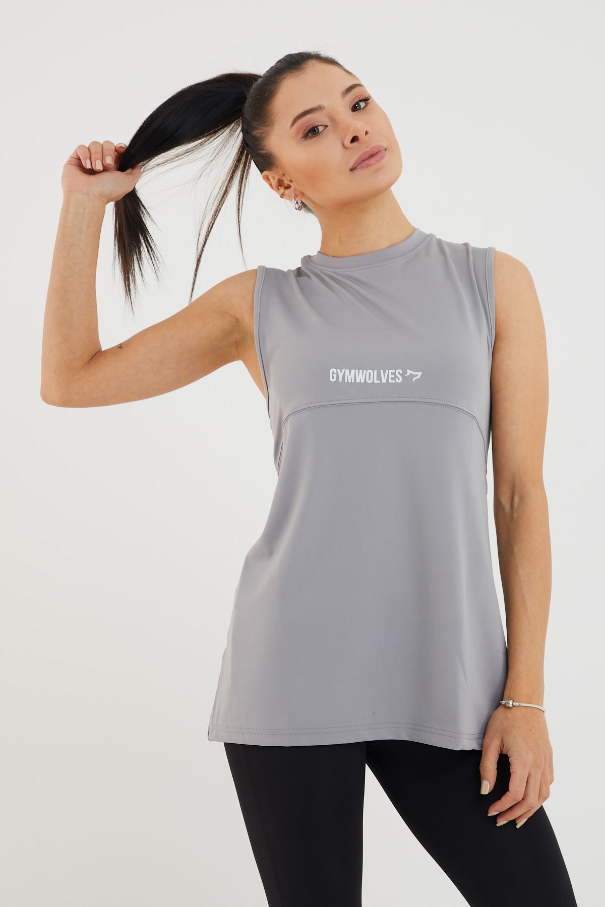 Gymwolves Kadın Spor T-Shirt / Gri | Çift Taraf Giyilebilir Yırtmaçlı
