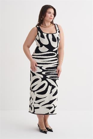 Myline-Desenli Triko Elbise-Büyük Beden Elbise-160082