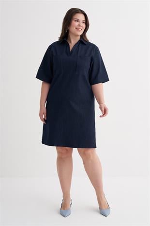 Myline-Kısa Kollu Cepli Denim Elbise-Büyük Beden Tişört-149992