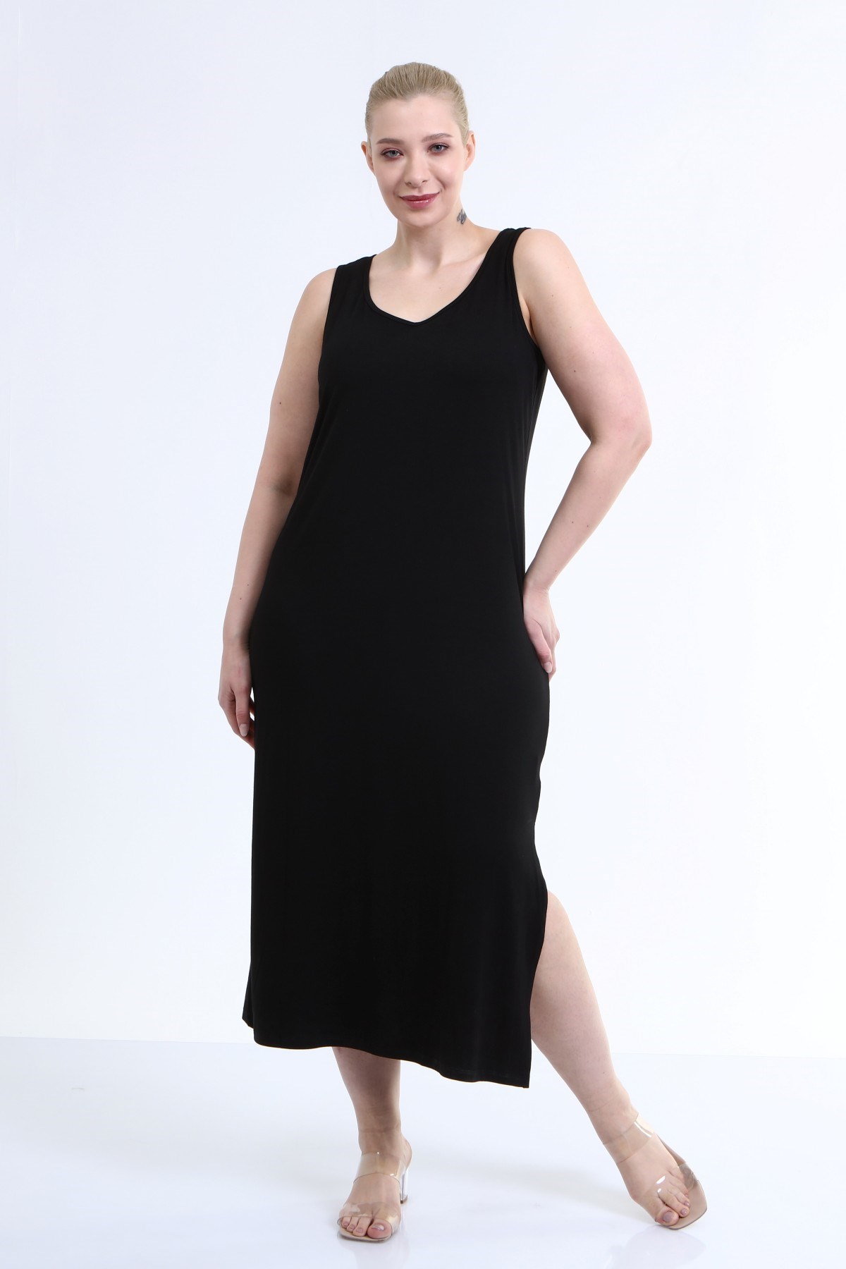 Askılı Yırtmaç Detaylı Penye Elbise - Mylinemoda.com