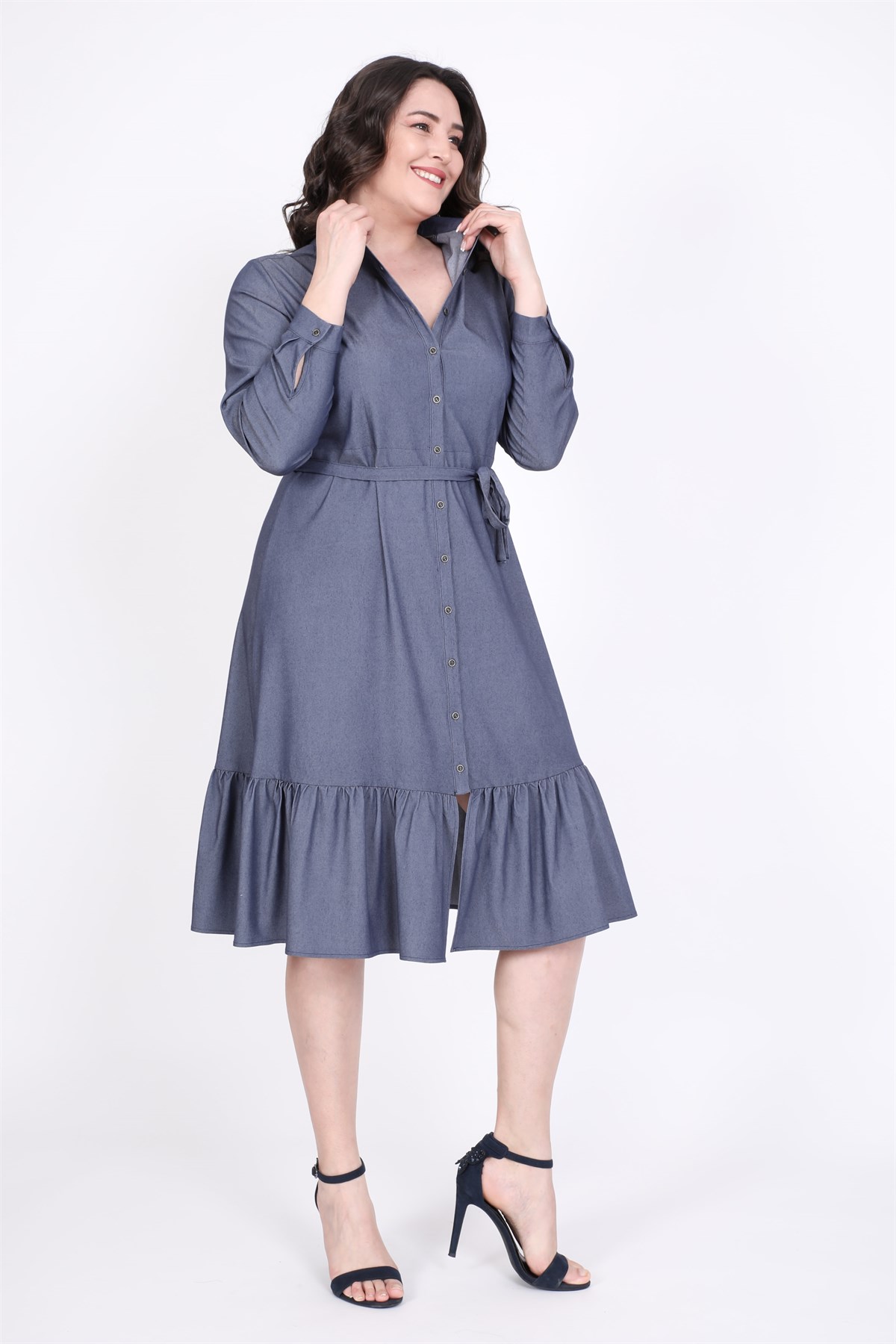 Eteği Fırfırlı Gömlek Elbise - Mylinemoda.com