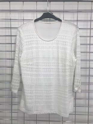 Myline-Dantelli Yuvarlak Yaka Penye Bluz-Büyük Beden Outlet-45624