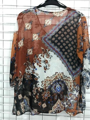 Myline-Kolları Büzgü Detaylı Şifon Bluz-Büyük Beden Outlet-45666