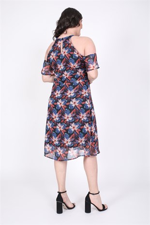 Myline-Omuzları Açık Astarlı Şifon Elbise-Büyük Beden Günlük Elbiseler-45419