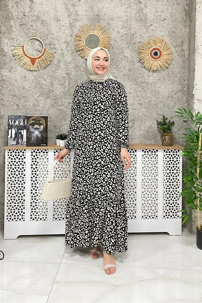 Çita Desen Tam Boy Eteği Fırfırlı Hakim Yaka Bej Elbise 