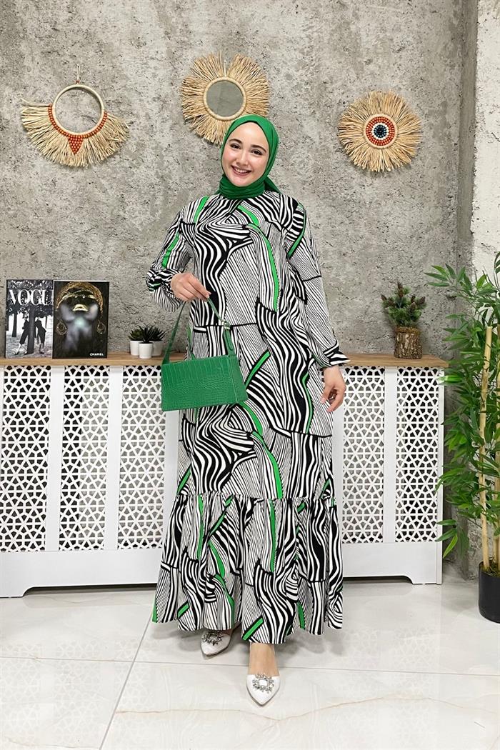 Hakim Yaka Yeşil Şeritli Zebra Desen Elbise