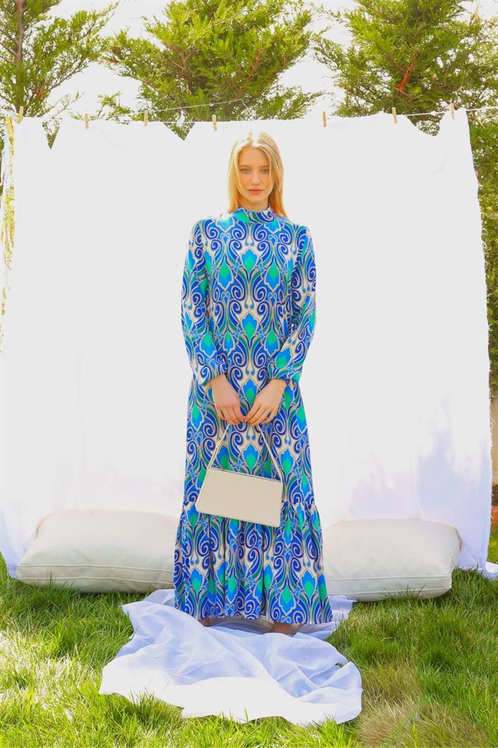 Kadın Saks Mavisi Benetton Barok Desenli Tam Boy Eteği Fırfırlı Hakim Yaka Elbise