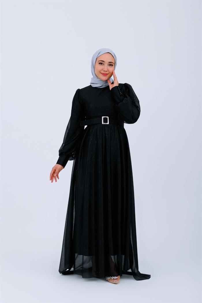 Simli Kolu Manşetli Siyah Abiye Elbise