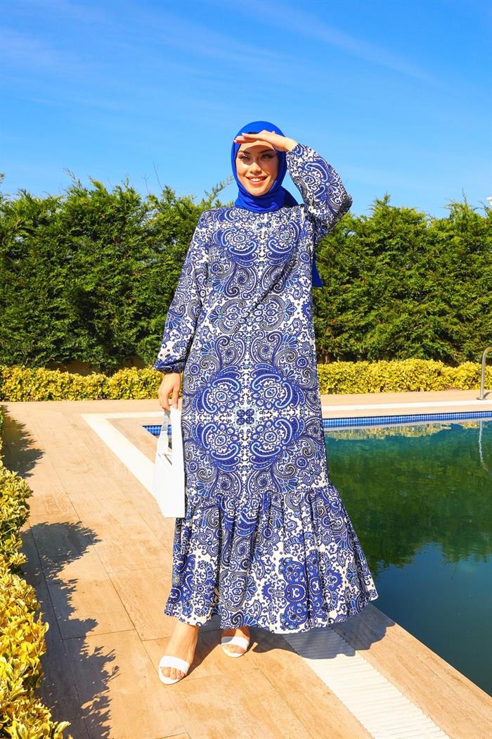 Kadın Mavi Etnik Desenli Tam Boy Eteği Fırfırlı Hakim Yaka Elbise | Tesettür  Vagonu