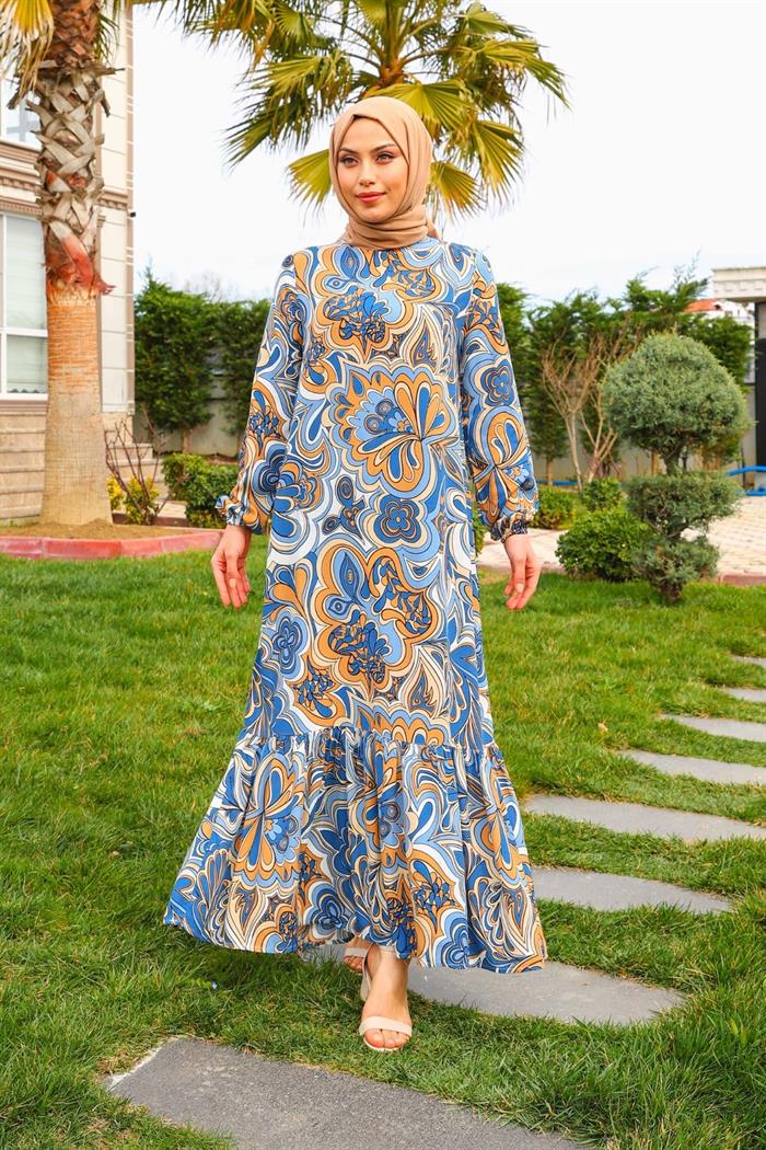 Kadın Mavi Sütlü Kahve Desenli Tam Boy Eteği Fırfırlı Hakim Yaka Elbise