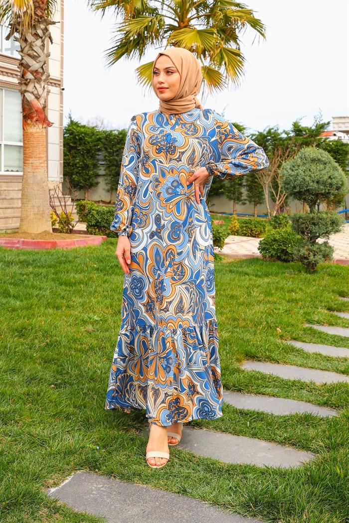 Kadın Mavi Sütlü Kahve Desenli Tam Boy Eteği Fırfırlı Hakim Yaka Elbise