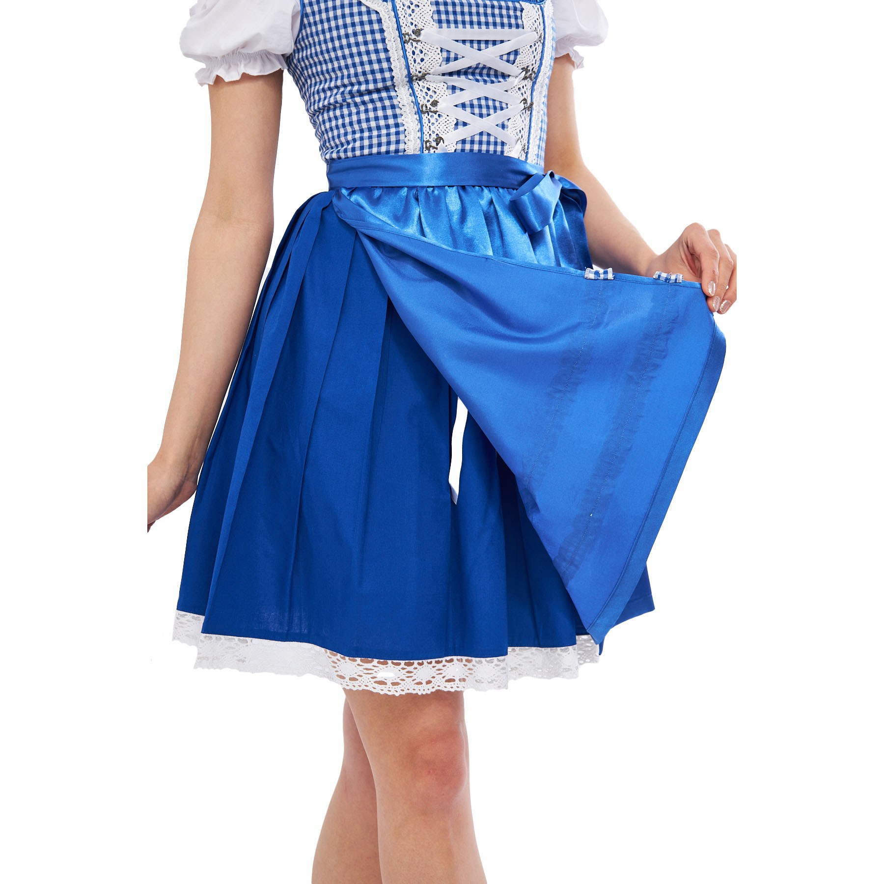 Ekose Bebe Mavisi Dirndl Elbise Kadın Bavyera Oktoberfest Kıyafeti 011
