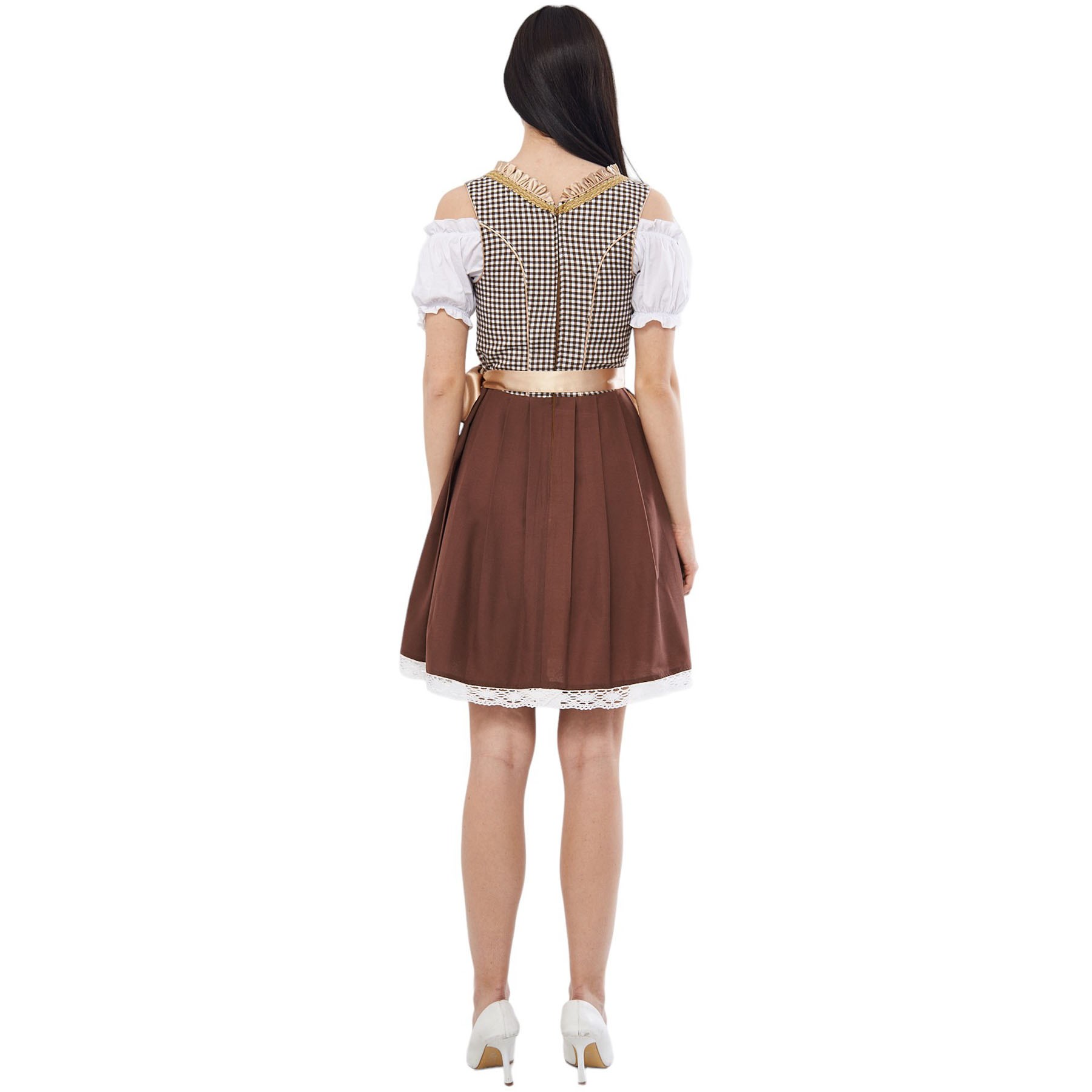 Ekose Şampanya Dirndl Elbise Kadın Bavyera Oktoberfest Kıyafeti 011