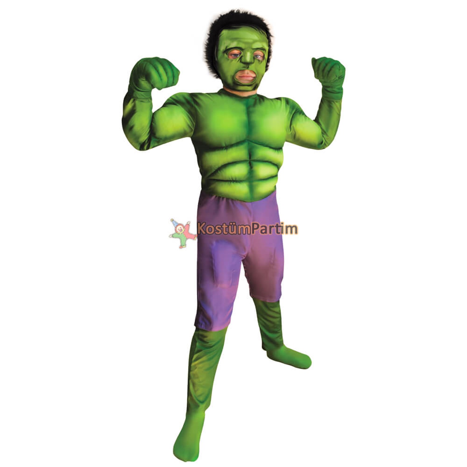 Hulk Kostümü Kaslı Kıyafet, 10-12Yaş Peruklu Maske+Eldiven
