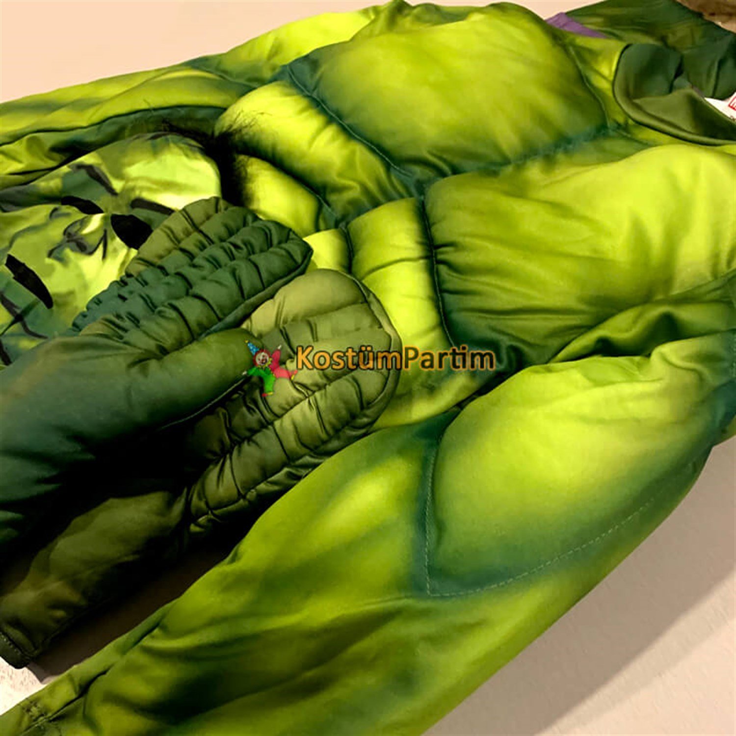 Hulk Kostümü Kaslı Kıyafet, 10-12Yaş Peruklu Maske+Eldiven