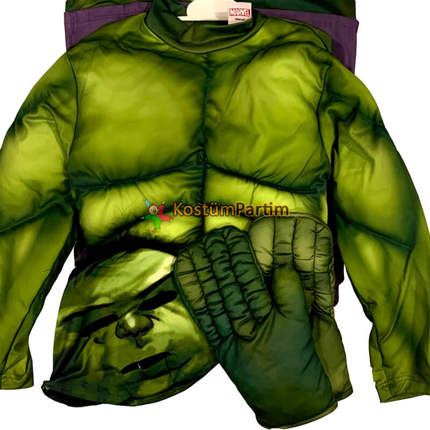 Hulk Kostümü Kaslı Kıyafet, 10-12Yaş Peruklu Maske+Eldiven