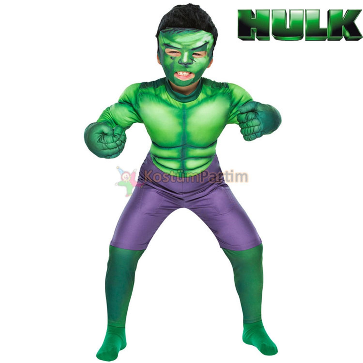 Hulk Kostümü Kaslı Kıyafet, 10-12Yaş Peruklu Maske+Eldiven
