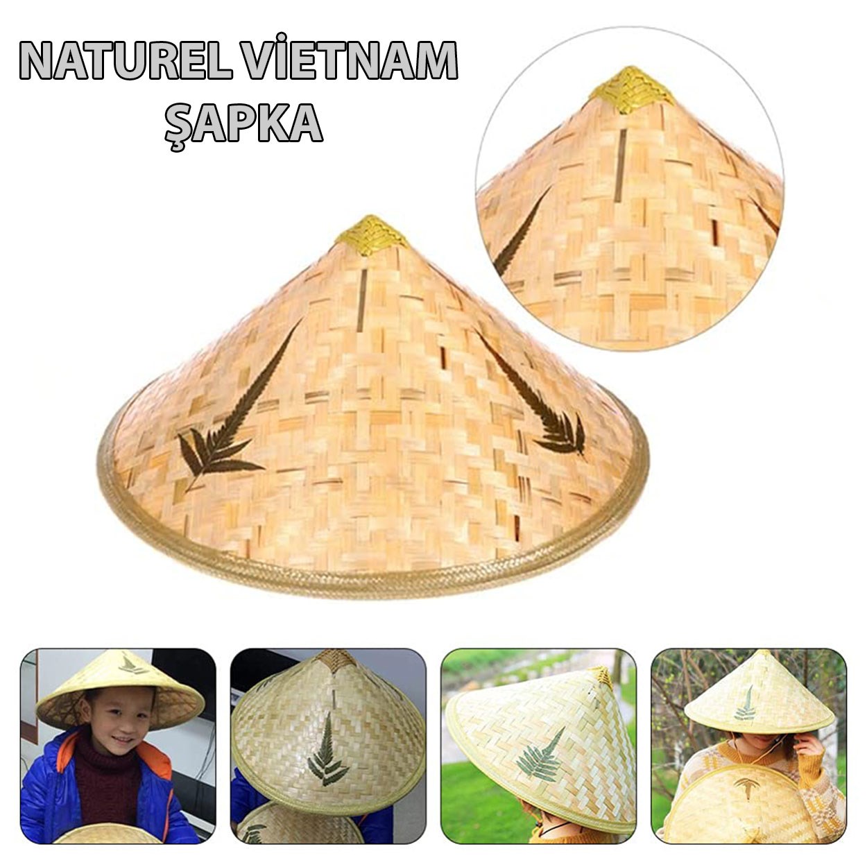 Kamboçya Vietnam Hasır Şapkası Yetişkin Naturel Renk Geleneksel Asya Şapkası