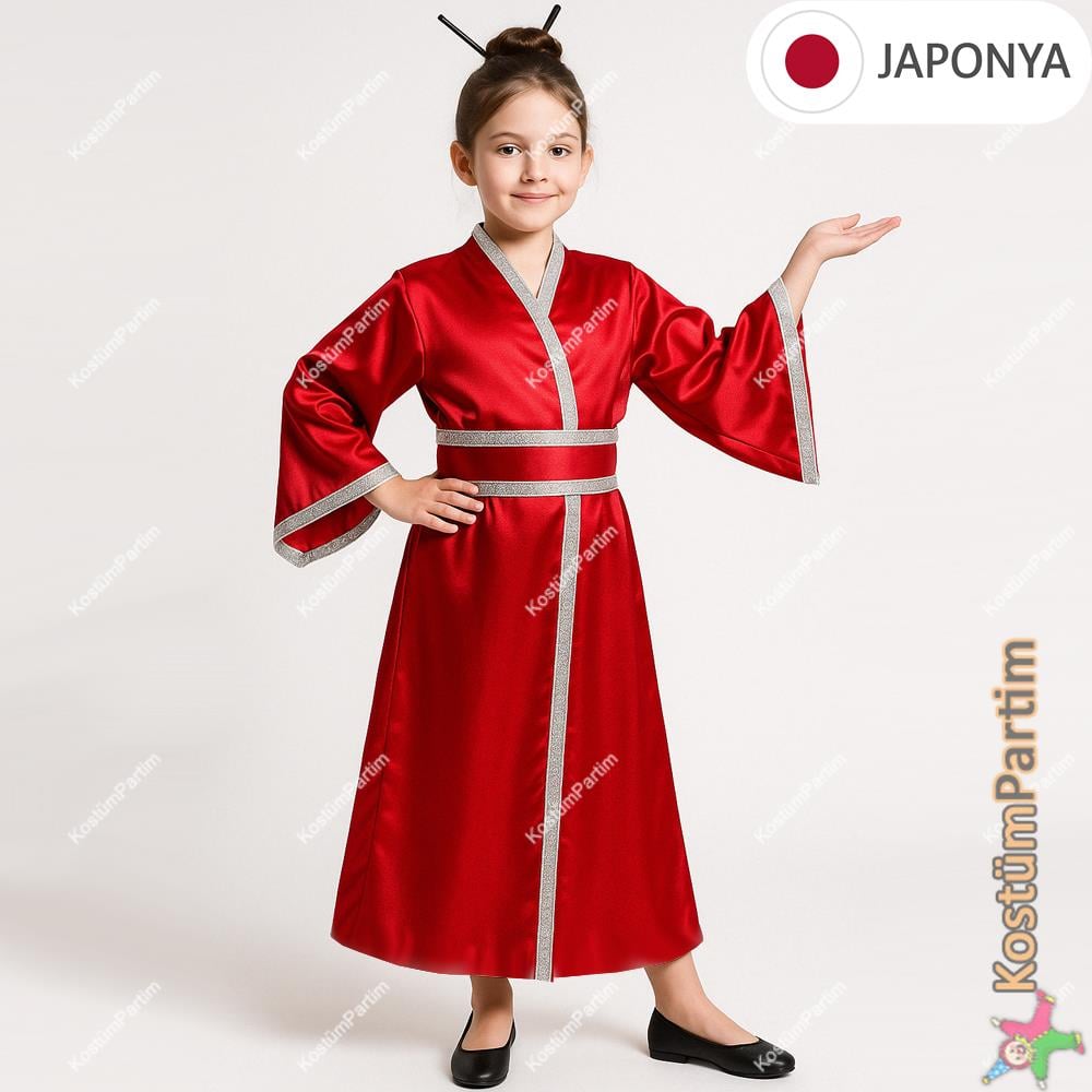Kimono Kıyafeti Japonya Kız Çocuk Kostümü Kırmızı