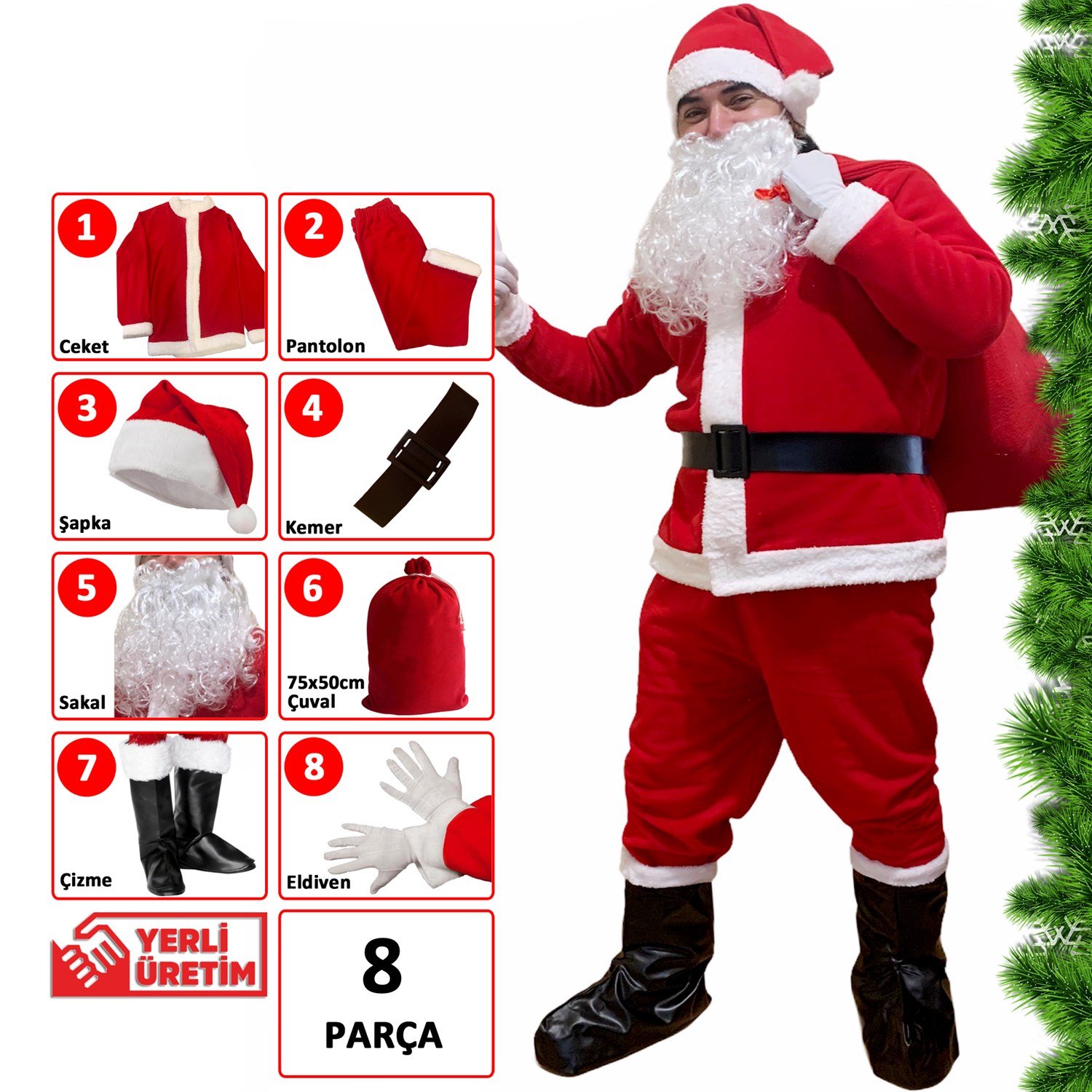 Noel Baba Kıyafeti Lüx TamTakım 8li Set