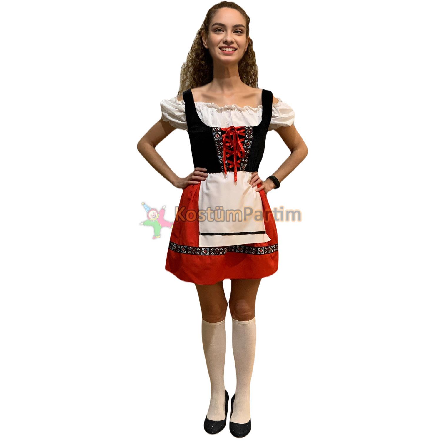 Oktoberfest Kıyafeti Alman Biracı Kız Kostümü Kırmızı