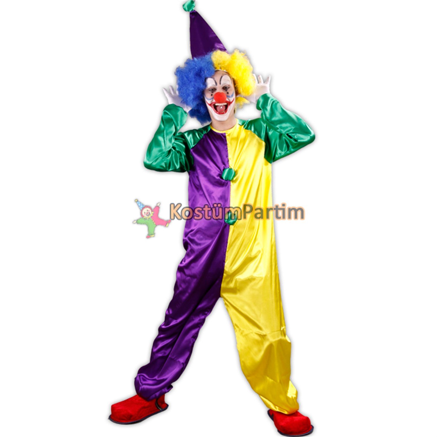 Palyaço Kostümü Tulum Mor Sarı Yetişkin